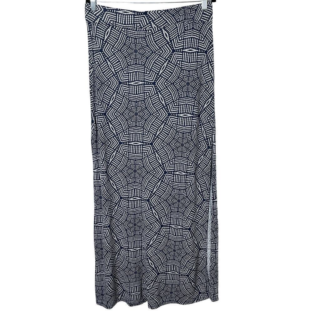 Aeropostale Women's Maxi Skirt L Blue Geometric Print Double Slit Hem Pull On - Picture 2 of 9